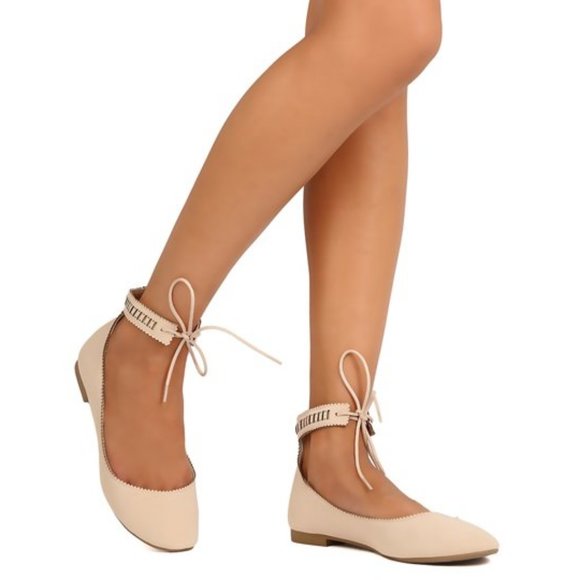 Qupid Shoes Qupid Ankle Strap Flats Nubuck Tie Up Perforated Design